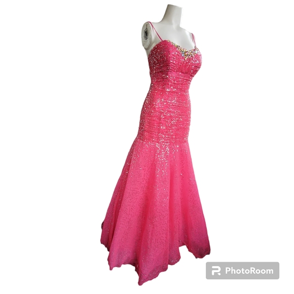 Tiffany Designs Pink Chiffon Sequined Rhinestones Mermaid Pageant / Prom Dress - Picture 2 of 15